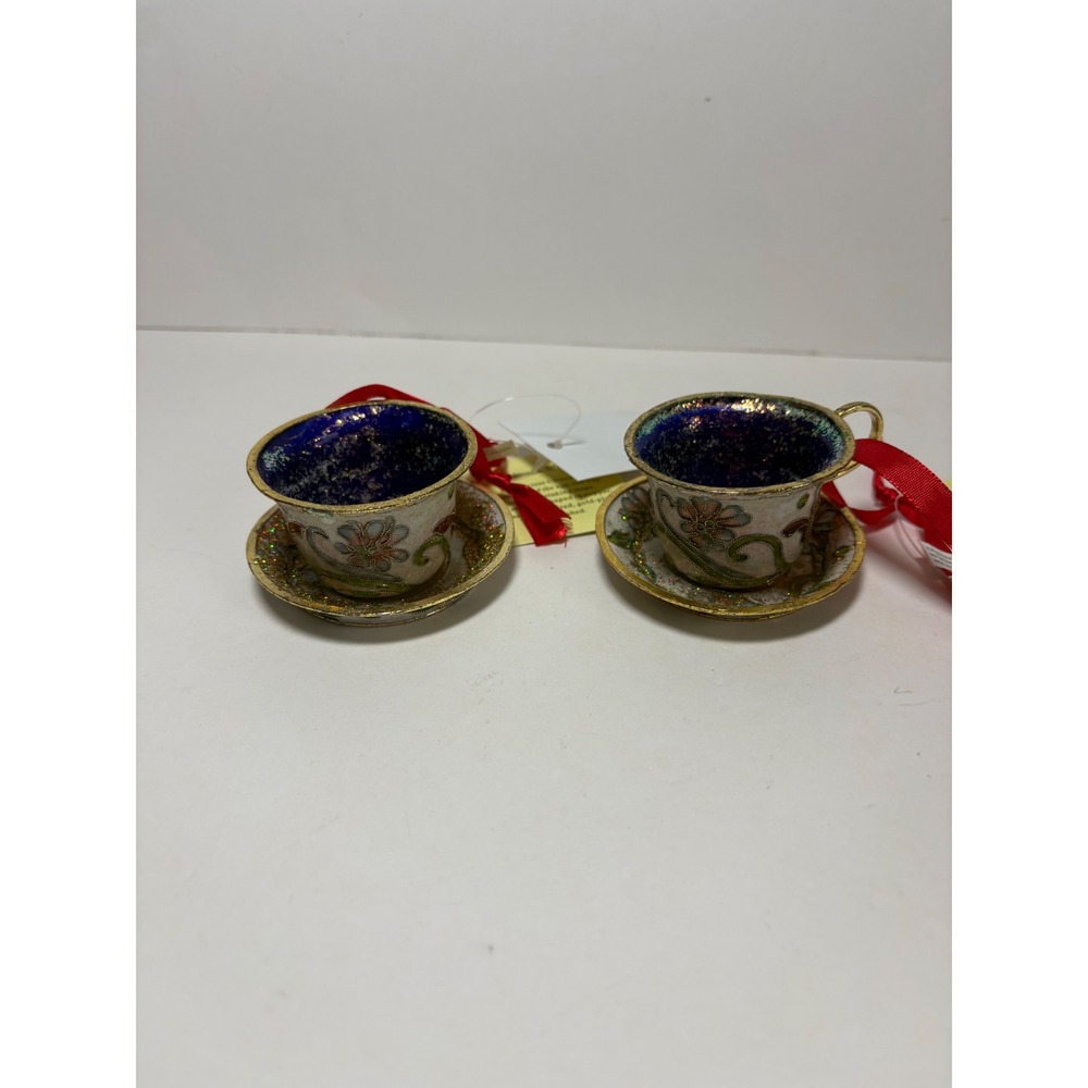 2pc Precious Cloisonne Teacup Saucer Ornaments Floral Blue Gold Enamel Set